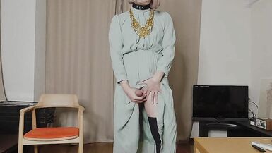 Japanese crossdresser cumshots when excited by genitals touched by long dress. - 15 image