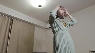 Japanese crossdresser cumshots when excited by genitals touched by long dress. - 2 image
