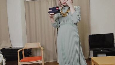 Japanese crossdresser cumshots when excited by genitals touched by long dress. - 4 image