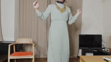 Japanese crossdresser cumshots when excited by genitals touched by long dress. - 5 image