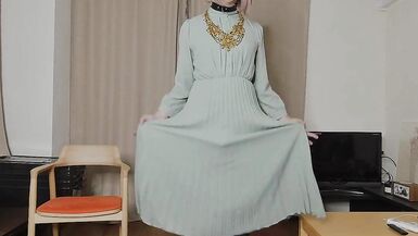 Japanese crossdresser cumshots when excited by genitals touched by long dress. - 7 image