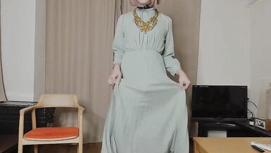 Japanese crossdresser cumshots when excited by genitals touched by long dress. - 8 image