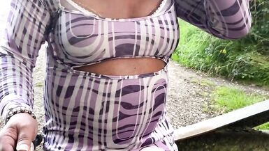 Amateur crossdresser Kellycd2022 sexy milf peeing and masturbating in sexy white panties and pantyhose out in the woods - 9 image