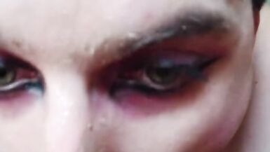 Sexy crossdresser BarbaraWhite sucking and riding thick white vibrator on camera - 15 image