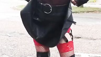 Crossdress in public in leather outfit part 1 - 3 image