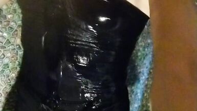 Wetlook transgirl in bathroom wearing in black dress, skirt, pantyhose and high heels - 11 image