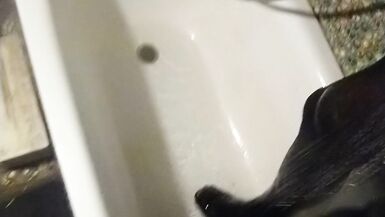 Wetlook transgirl in bathroom wearing in black dress, skirt, pantyhose and high heels - 15 image