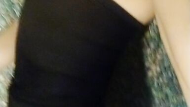 Wetlook transgirl in bathroom wearing in black dress, skirt, pantyhose and high heels - 5 image