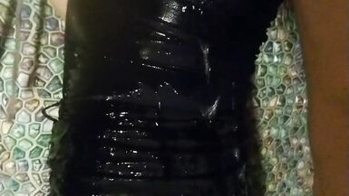 Wetlook transgirl in bathroom wearing in black dress, skirt, pantyhose and high heels - 8 image