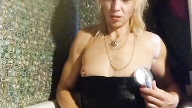 Trans girl masturbates in the bathroom wearing black pantyhose, miniskirt, dress and high heels - 13 image