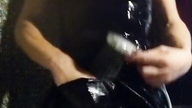 Trans girl masturbates in the bathroom wearing black pantyhose, miniskirt, dress and high heels - 2 image