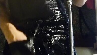 Trans girl masturbates in the bathroom wearing black pantyhose, miniskirt, dress and high heels - 3 image