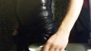 Trans girl masturbates in the bathroom wearing black pantyhose, miniskirt, dress and high heels - 4 image