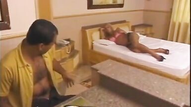 Horny blonde shemale takes dude's hard pole up her ass - 2 image