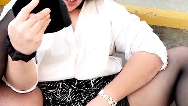 Shemale Janice Renee strokes her cock and cums in public - 10 image