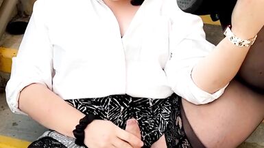 Shemale Janice Renee strokes her cock and cums in public - 8 image