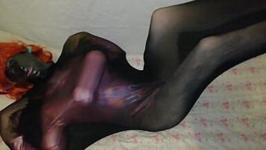 latex mask sissy femboy crossdresser in pink bodysuit play with fetish fullbody nylon stockings suit