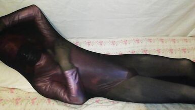latex mask sissy femboy crossdresser in pink bodysuit play with fetish fullbody nylon stockings suit - 6 image
