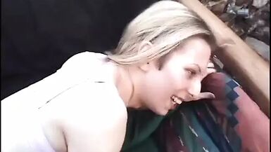 Blonde tranny with small boobs loves to ride a cock on the couch - 1 image