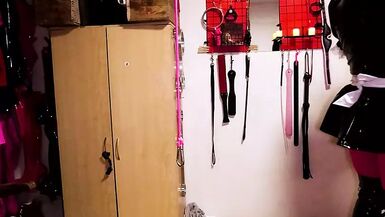 Sissy Maid Cuffed in Leather Mitts - Self Bondage - 1 image