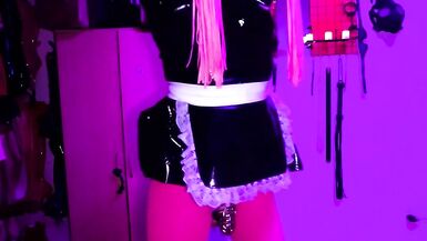 Sissy Maid Cuffed in Leather Mitts - Self Bondage - 12 image