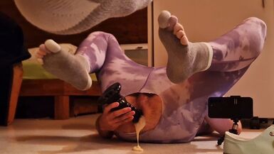 Boy in toe socks shoves a fat black dildo deep into his anus to cum properly with cum lube - 1 image