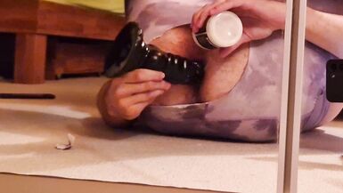 Boy in toe socks shoves a fat black dildo deep into his anus to cum properly with cum lube - 4 image