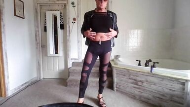 Sexy Hot Crossdresser in Leggings with French Nails Leather Jacket licking CUM