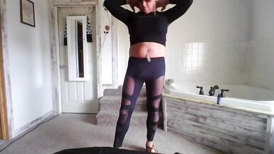 Sexy Hot Crossdresser in Leggings with French Nails Leather Jacket licking CUM - 3 image