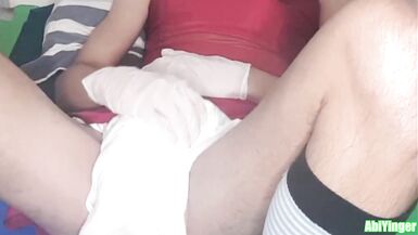 Latex Gloved Sissy Masturbation in White Diaper - 2 image