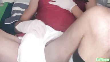 Latex Gloved Sissy Masturbation in White Diaper - 4 image