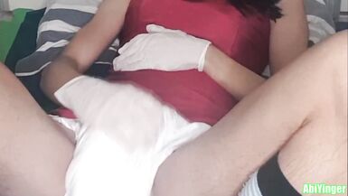 Latex Gloved Sissy Masturbation in White Diaper - 7 image