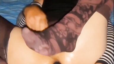 I Tore My Purple Pantyhose Open to Stretch My Little Hole to Its Capacity and Cuming with a Little Soft Sissy Cock - 12 image