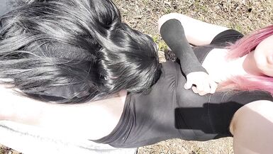 Goth trans girl gets her cock sucked outside by trans goth girlfriend - 6 image