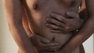 Sexy transvestite in red lingerie with real small tits gets fucked standing in front of the camera - 5 image