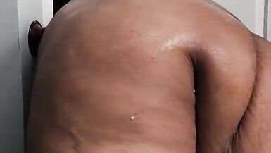 Chubby tranny plows dildo on wall - 2 image