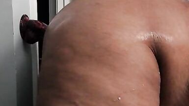 Chubby tranny plows dildo on wall - 5 image