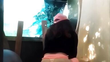 Outside in my homemade pink outfit and my black fur coat - 9 image