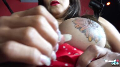 Hung and busty Blonde trans woman Naomi Chi sits in a sex swing with her legs spread wide exposing her big hard cock and ass - 14 image