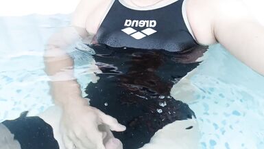 Sissies in sexy black arena swimsuit and big sliding in poil