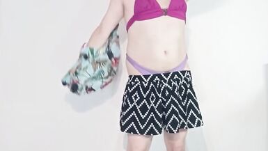 Crossdresser Striptease and Touching Herself in Purple Bikini - 4 image