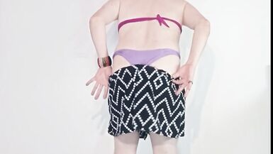 Crossdresser Striptease and Touching Herself in Purple Bikini - 5 image
