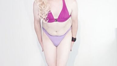 Crossdresser Striptease and Touching Herself in Purple Bikini