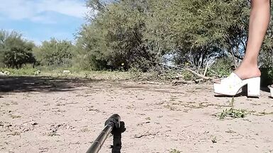 naked shemale in public with heels and penetrating her ass with very hot anal plug - 1 image