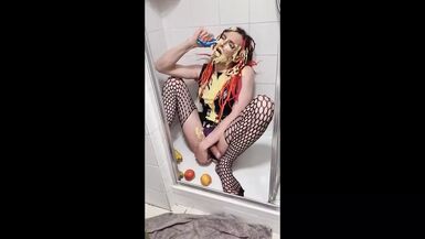 Sploshing Banana and Custard Pvc Dress Wank Cum and Anal Insertions - 1 image