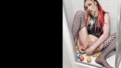 Sploshing Banana and Custard Pvc Dress Wank Cum and Anal Insertions - 9 image