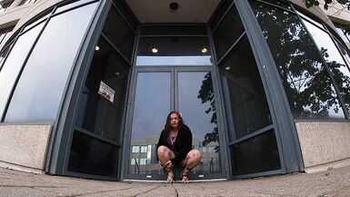 Older sissy TV showing self outdoors hoping to get caught by naughty security. - 2 image