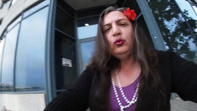 Older sissy TV showing self outdoors hoping to get caught by naughty security. - 5 image