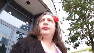 Older sissy TV showing self outdoors hoping to get caught by naughty security. - 8 image