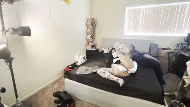 cutie teen femboy cums with anal plug vibrator on her bed :3 - 8 image